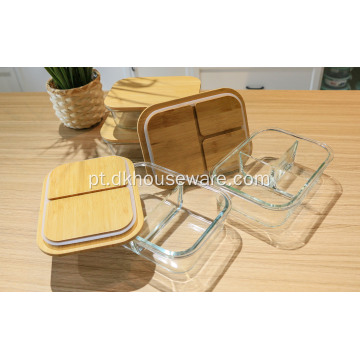 Recipientes para alimentos de vidro dividido com tampa de bambu